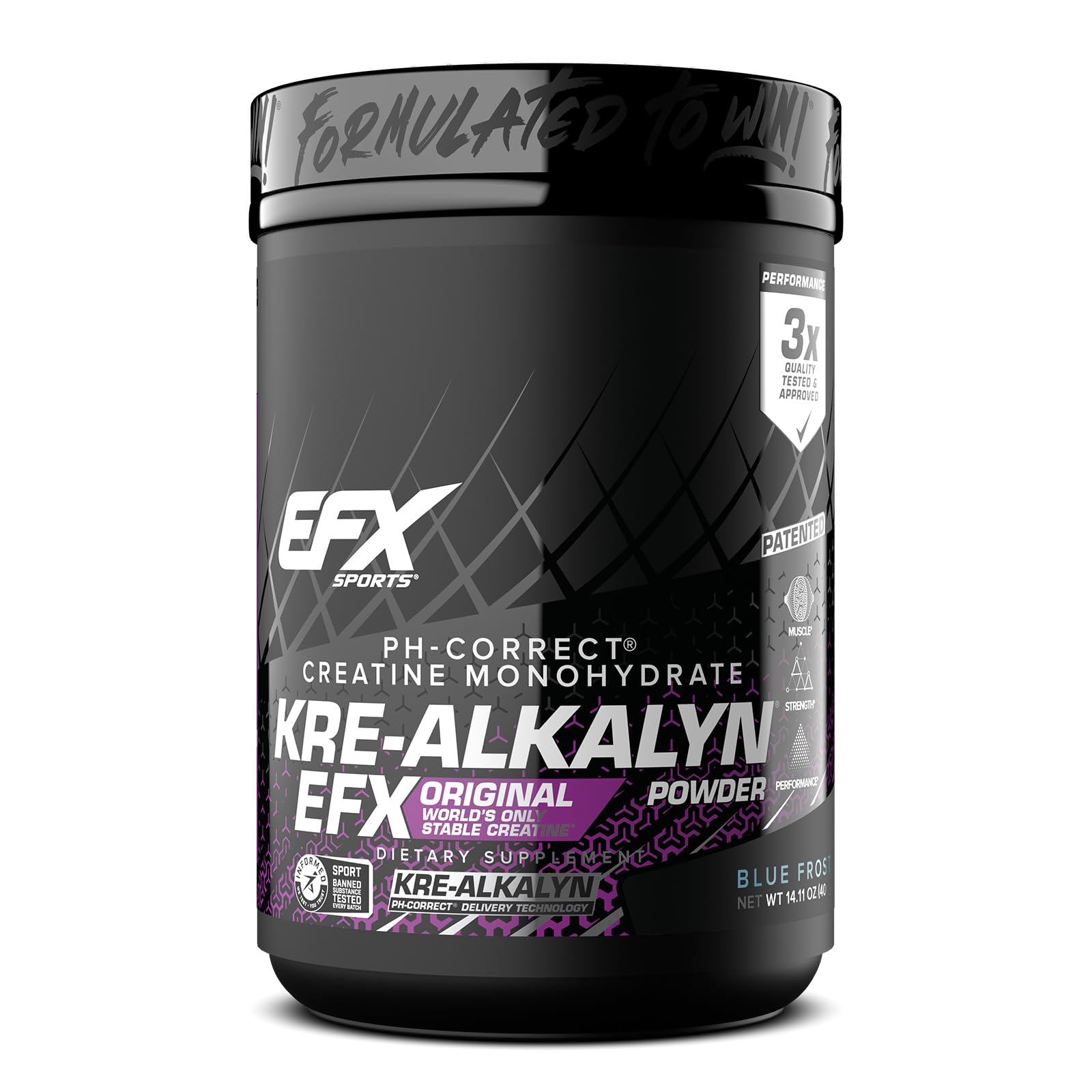 EFX Sports Kre-Alkalyn EFX powder bottle showing stable creatine for consistent workouts.