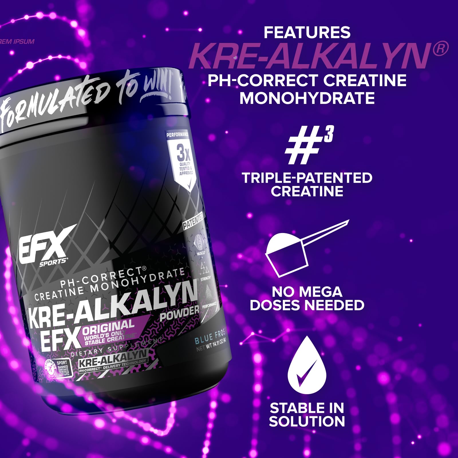 EFX Sports Kre-Alkalyn EFX powder fruity flavor scoop suggests convenient, flavorful supplementation.