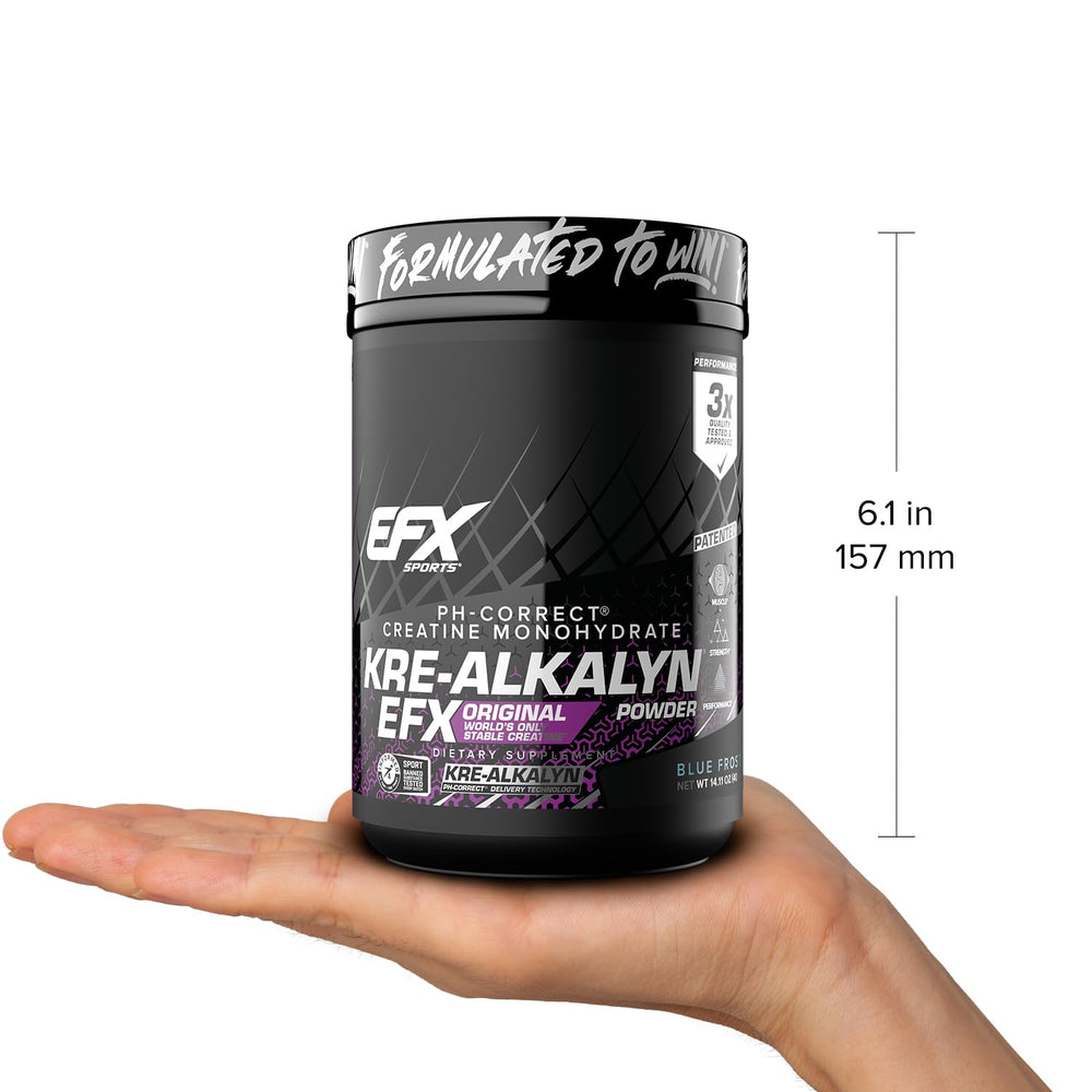 EFX Sports Kre-Alkalyn EFX powder ingredients label highlights quality control steps.