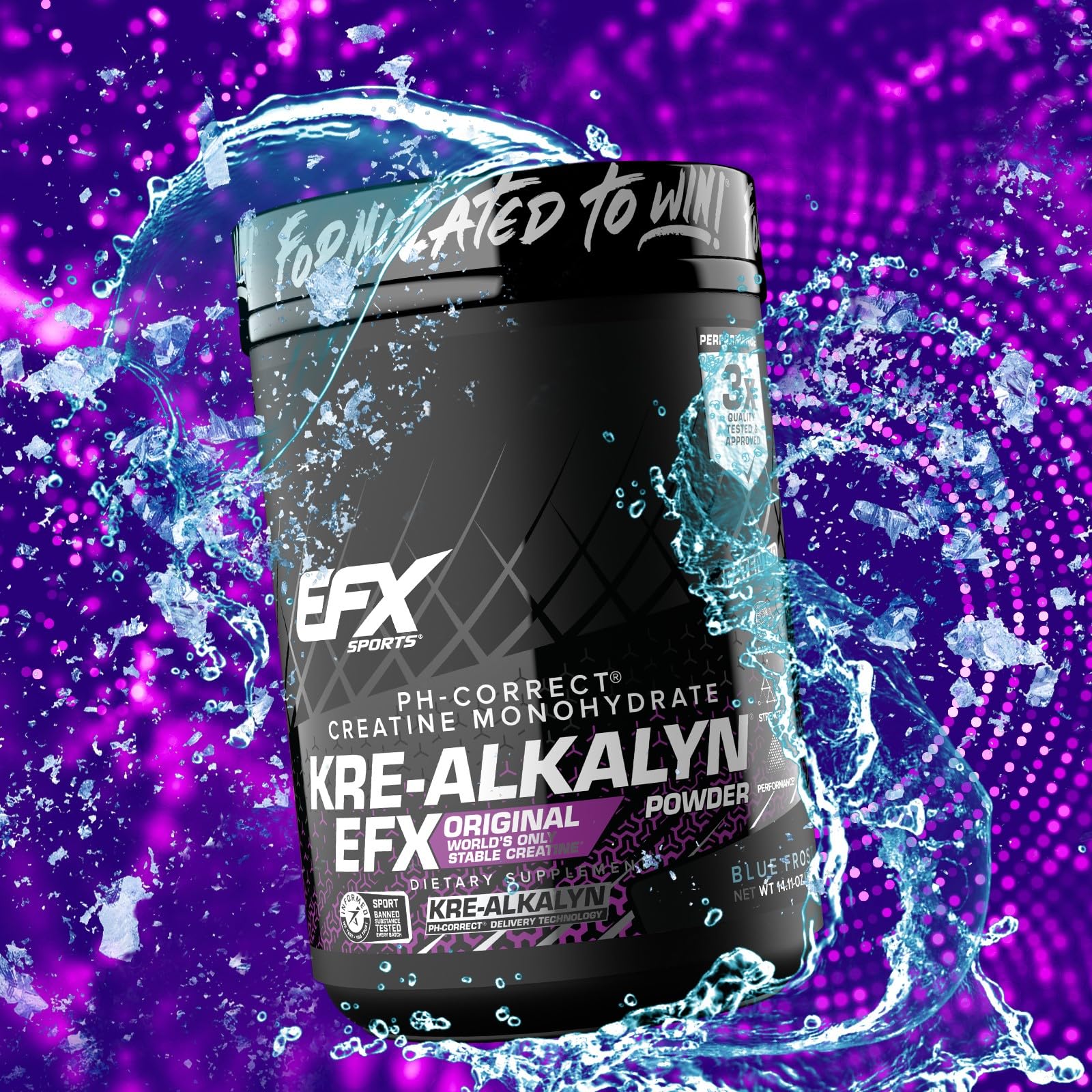 EFX Sports Kre-Alkalyn EFX powder performance label implies reliability for training.