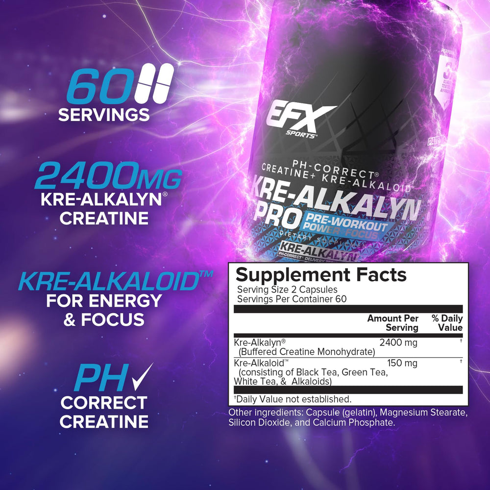 EFX Kre-Alkalyn Pro bottle back with supplement facts and certifications.