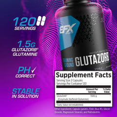 EFX Sports Glutazorb capsules ingredients snapshot highlighting vegan glutamine and buffering technology.