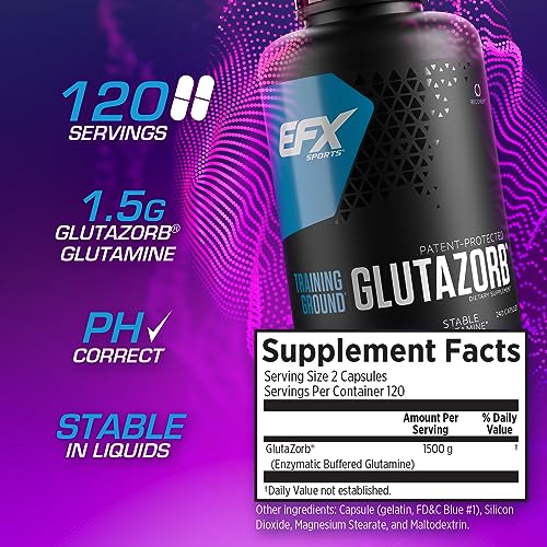 EFX Sports Training Ground Glutazorb caps pour showing easy-to-mix, pH-Correct glutamine for recovery.