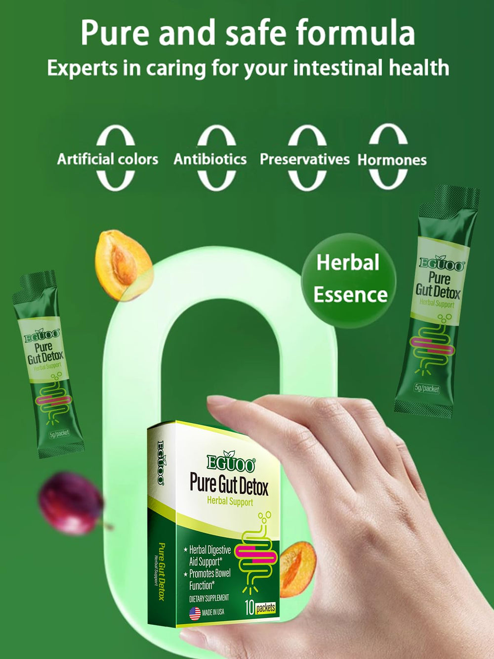 EGUOO Pure Gut Detox contains digestive enzymes and probiotics to support digestion