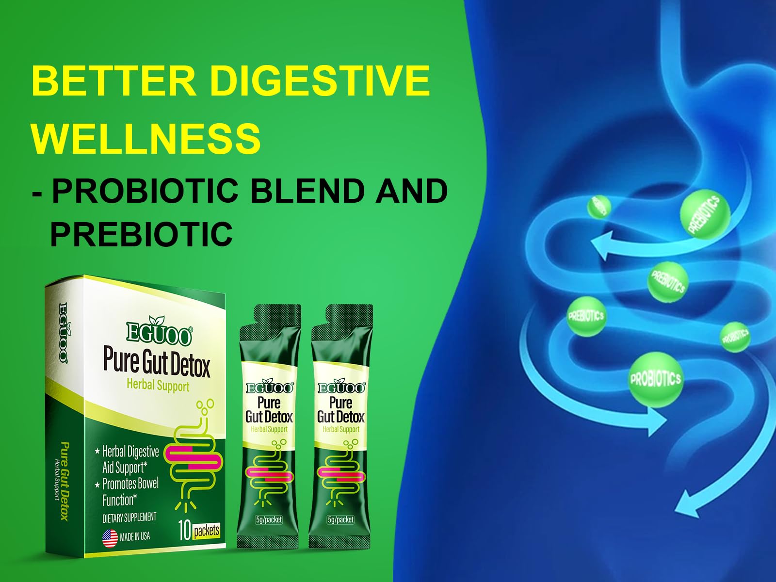 EGUOO Pure Gut Detox ingredients including senna and cascara for gentle cleansing