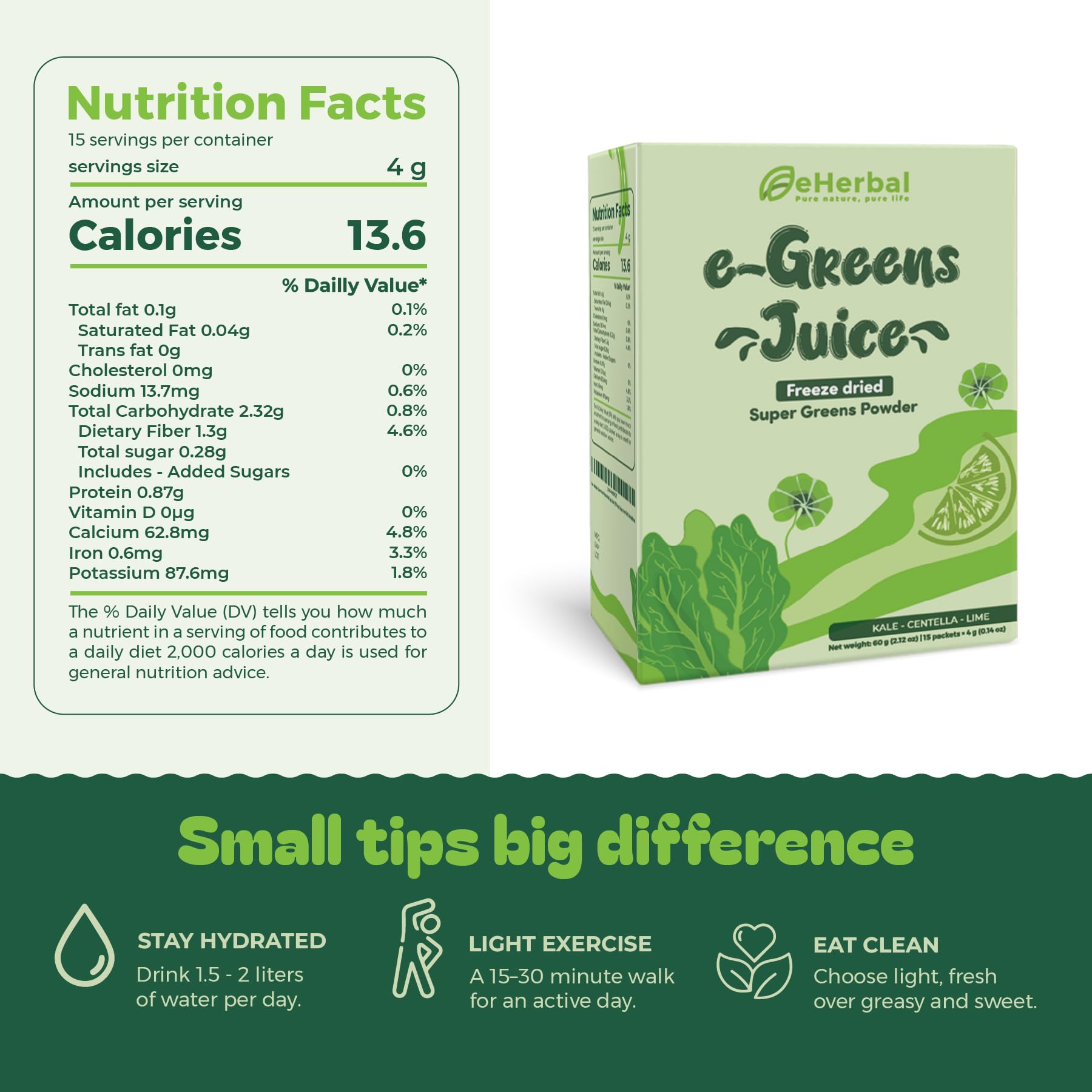 eHerbal PURE NATURE kale-centella-spirulina-lime green powder near a glass for daily vitality
