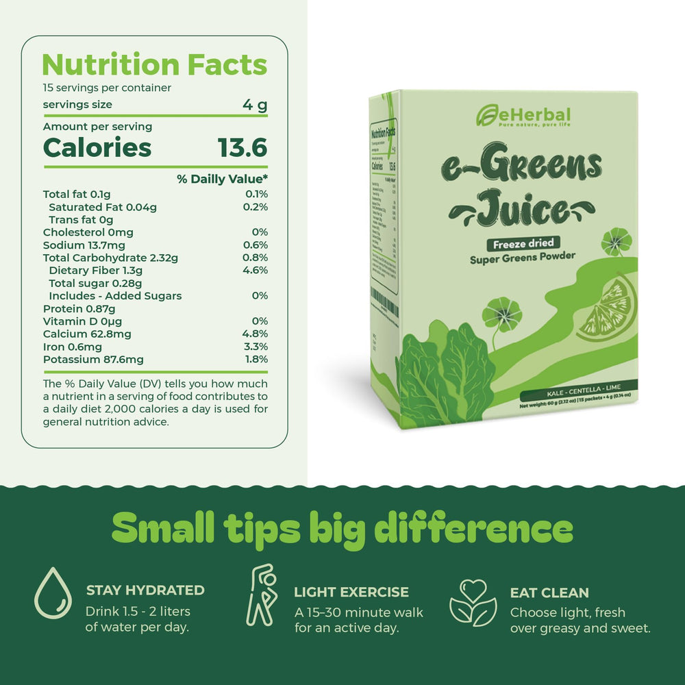 eHerbal PURE NATURE kale-centella-spirulina-lime green powder near a glass for daily vitality