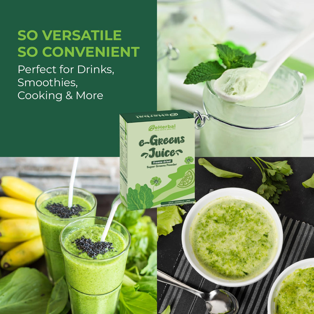 eHerbal PURE NATURE glass with green smoothie made from greens powder