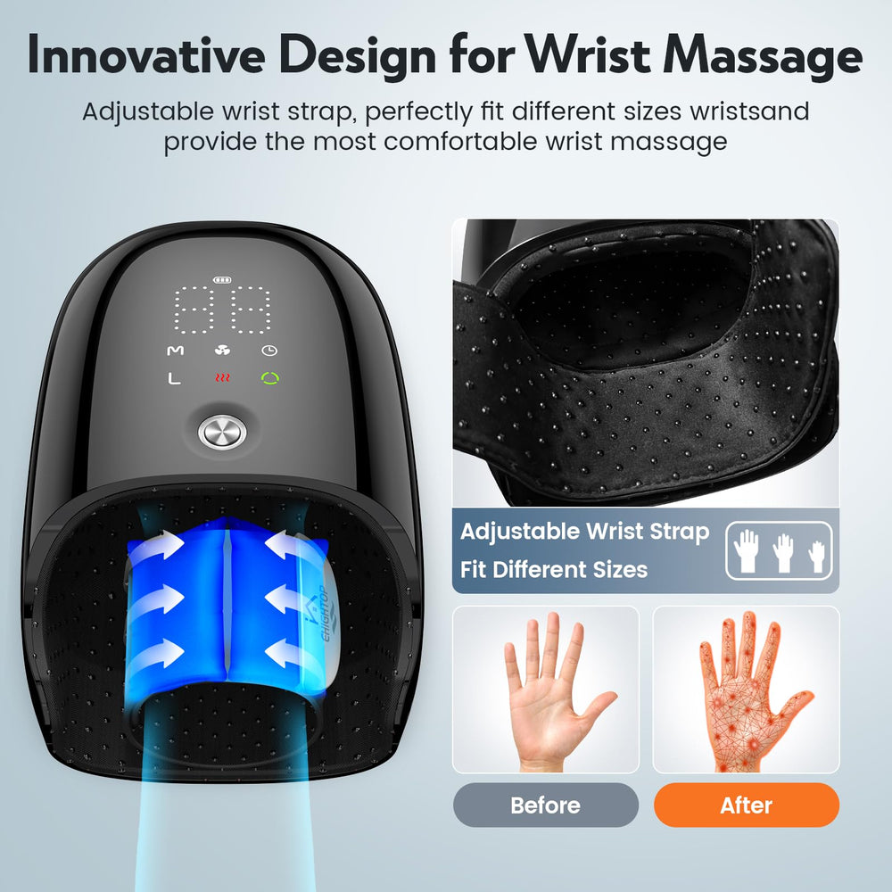 Ehightop six-zone air compression system applying gentle pressure to fingers and wrists.