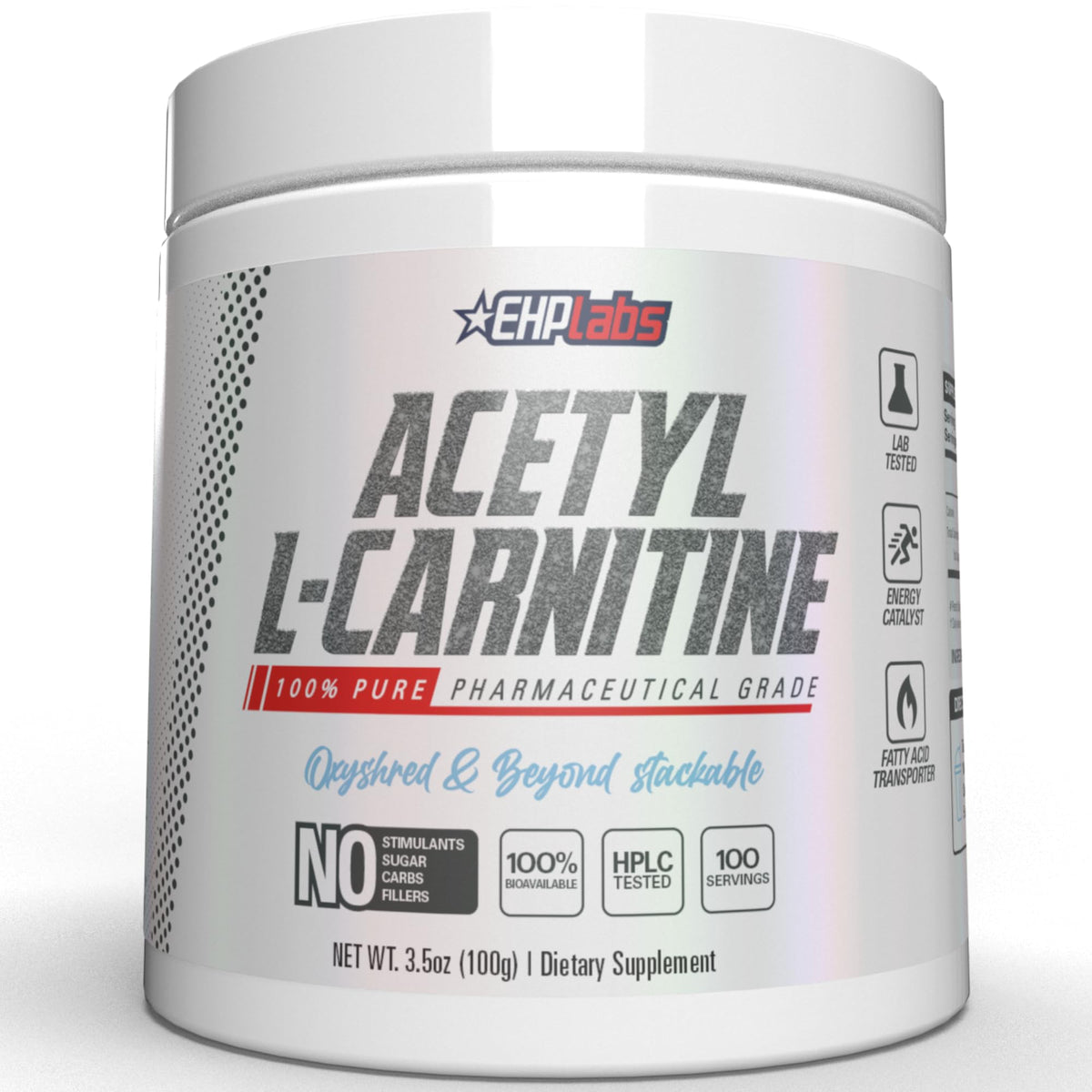 EHP Labs Acetyl L Carnitine powder bottle front showing vegan and gluten free attributes for energy support.