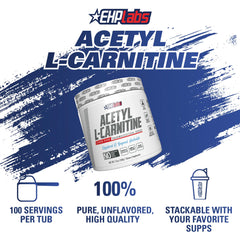 EHP Labs Acetyl L Carnitine powder label closeup with product details and quality marks.