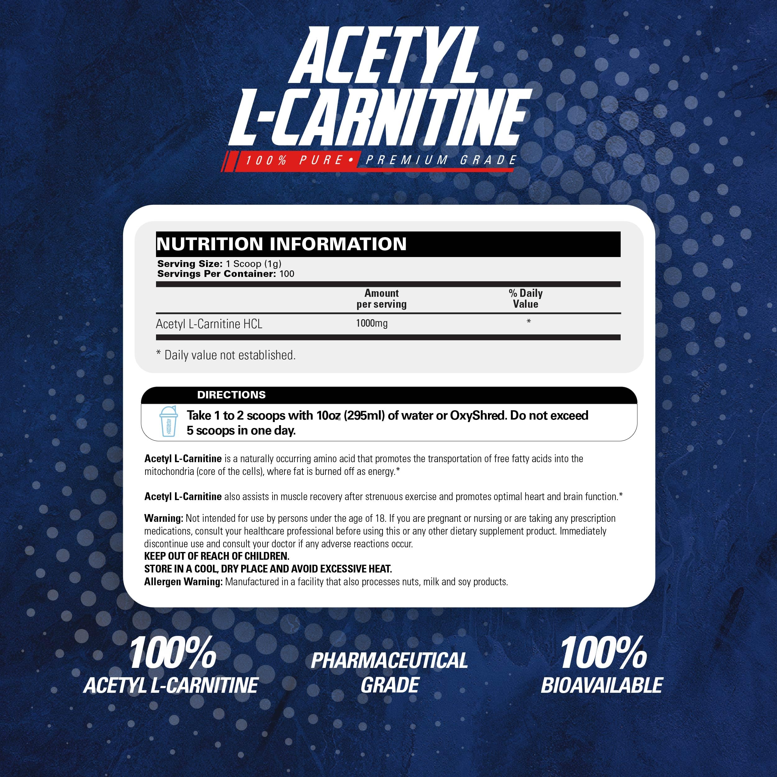 EHP Labs Acetyl L Carnitine powder serving scoop illustrating easy daily dosing.