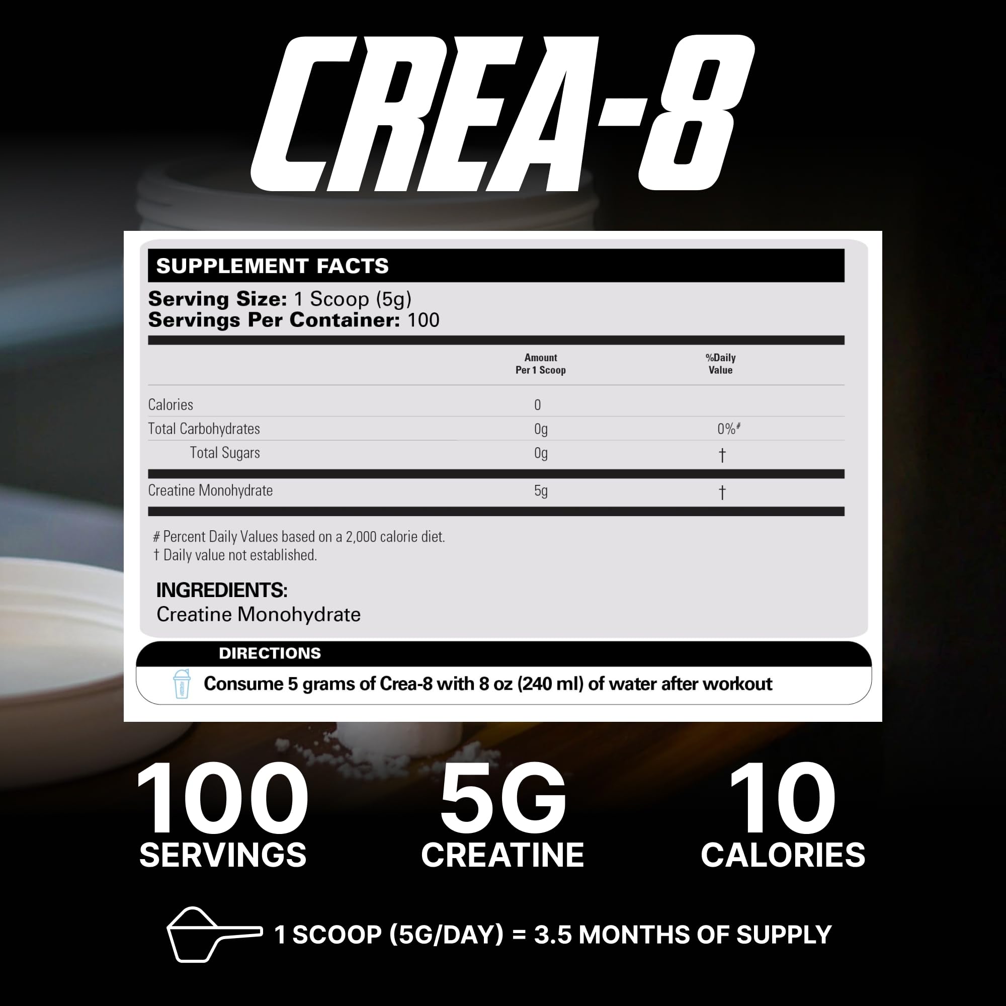Pouring CREA-8 into a shaker illustrates convenient pre- or post-workout use.