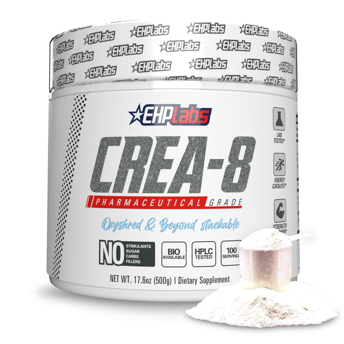 EHP Labs CREA-8 bottle shows micronized creatine powder for sustained energy during workouts.