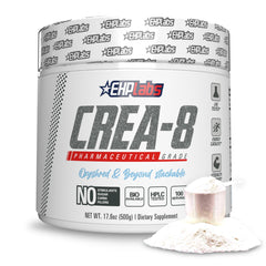 EHP Labs CREA-8 bottle shows micronized creatine powder for sustained energy during workouts.