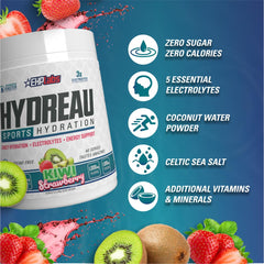 Hydreau glass showing kiwi strawberry mix for refreshing hydration