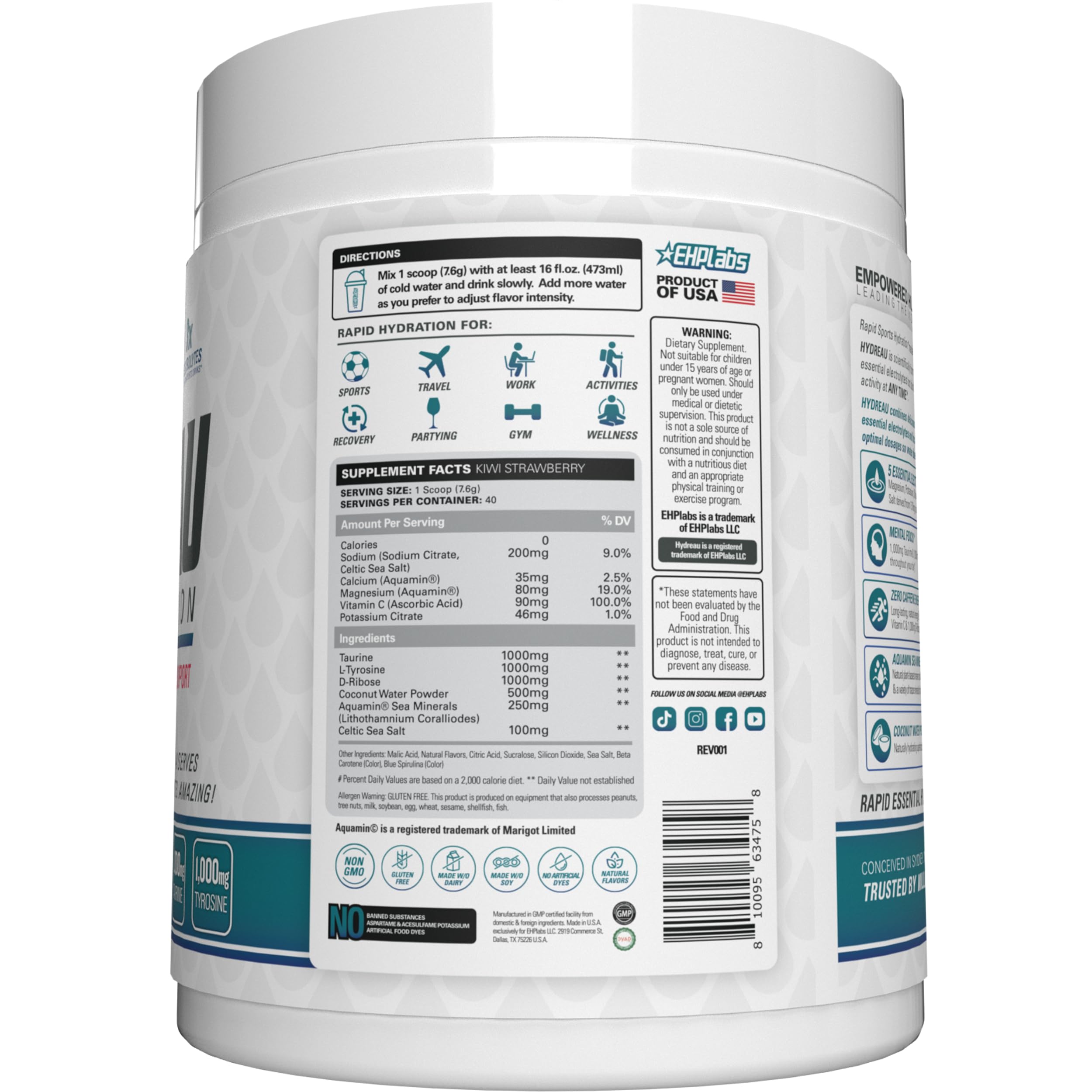 Hydreau powder container ready-to-mix for pre, during, or post-workout hydration