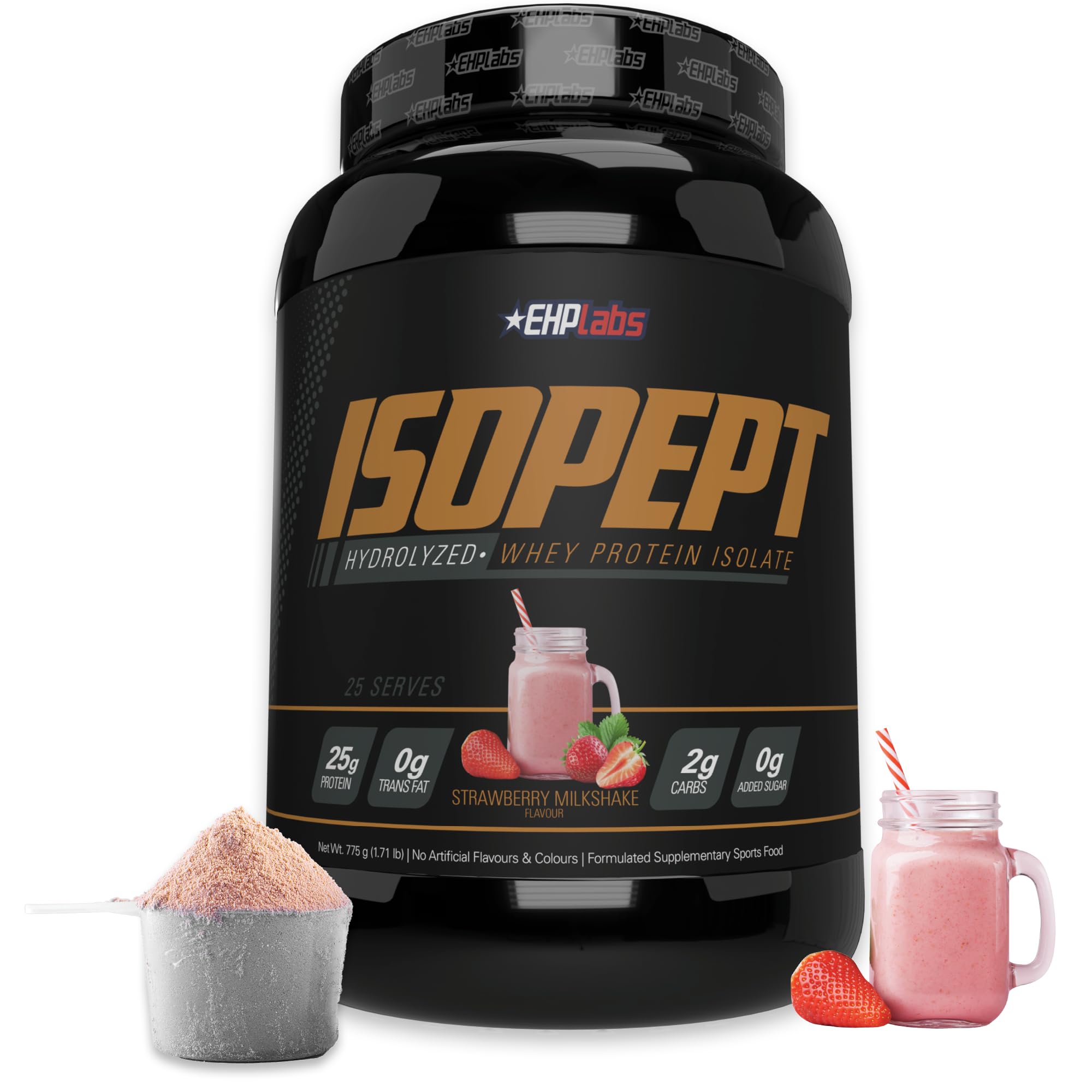 EHP Labs IsoPept strawberry milkshake powder in a jar for quick post-workout fueling