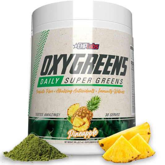 EHP Labs OxyGreens bottle with pineapple label for a convenient daily greens boost.