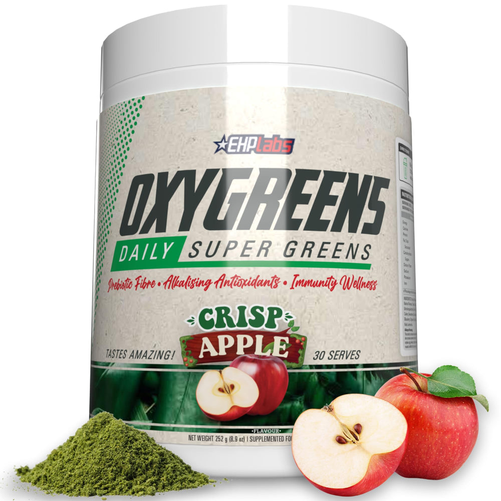 EHP Labs OxyGreens bottle highlights greens for daily wellness and energy.