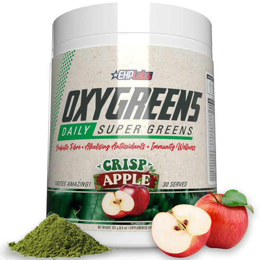 EHP Labs OxyGreens bottle highlights greens for daily wellness and energy.