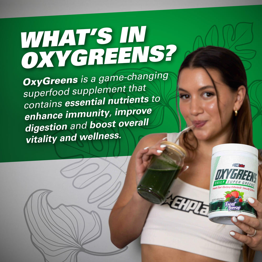 Vibrant greens montage with kale and barley grass highlights nutrients in OxyGreens.