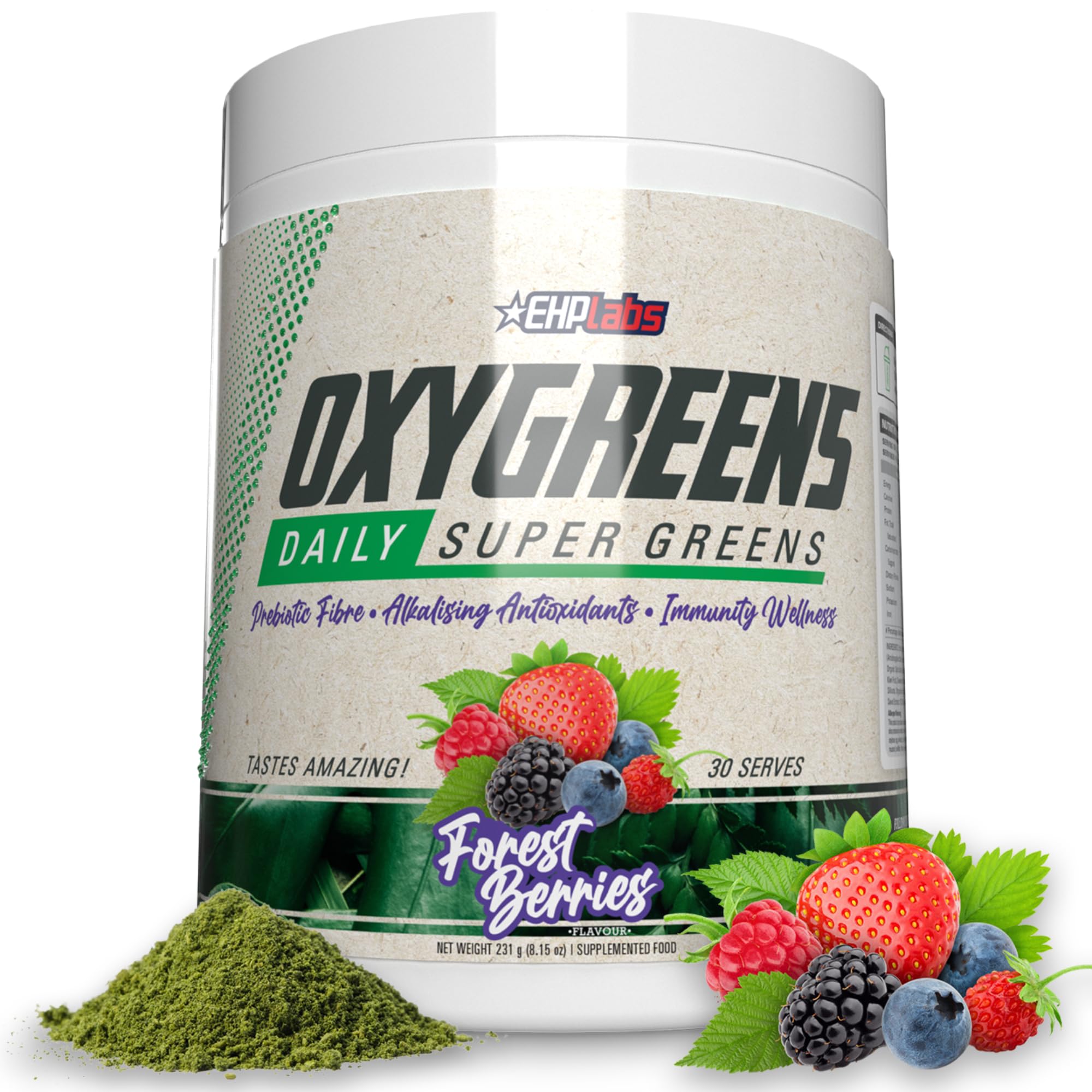 EHP Labs OxyGreens Forest Berries pouch ready for daily use and quick mixing