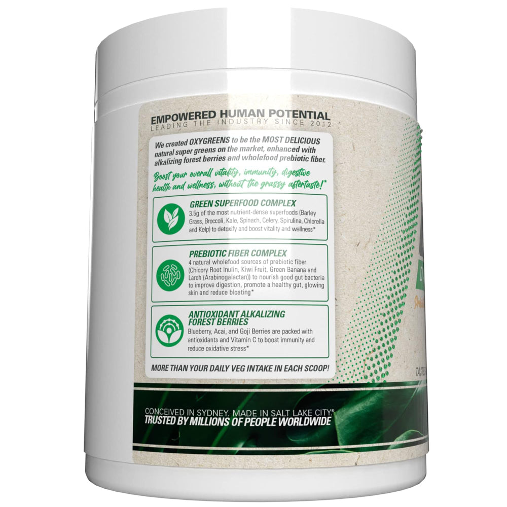 Back of OxyGreens label with prebiotic fiber icon illustrates gut-friendly benefits.