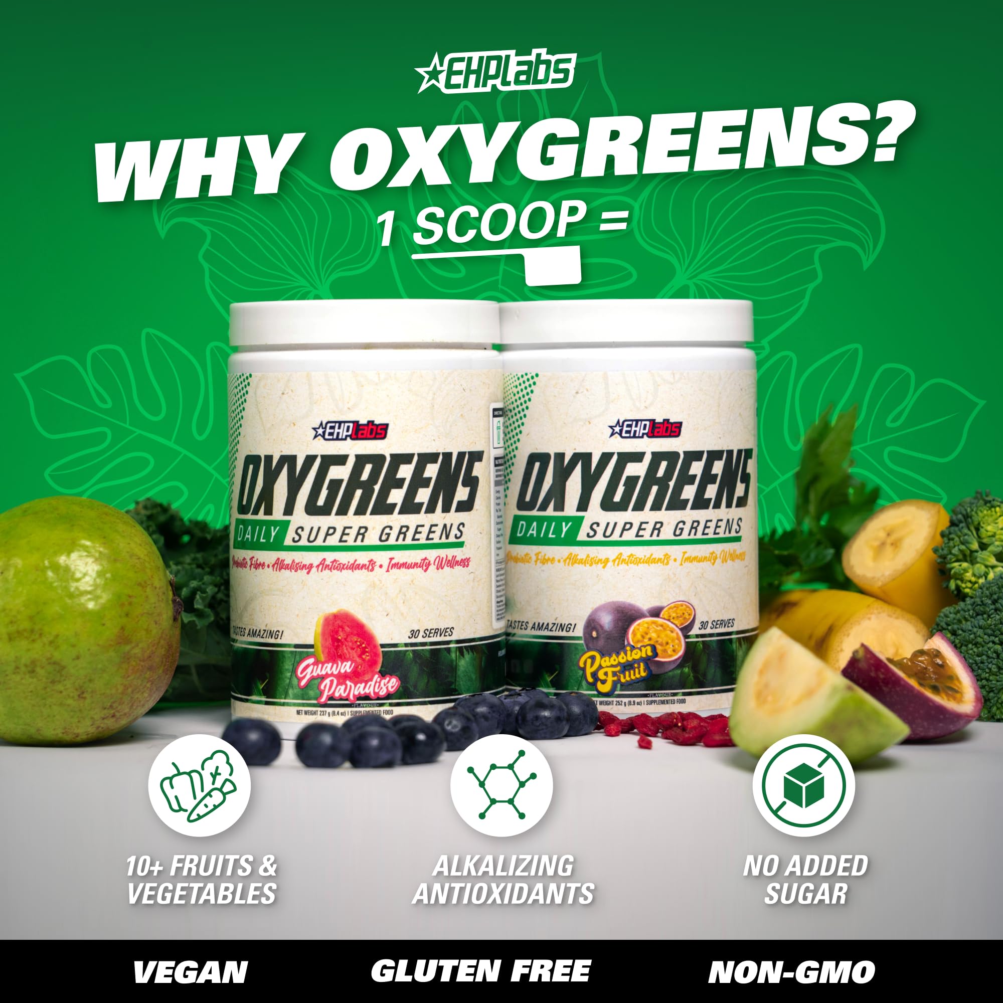 Close-up of spirulina and chlorella in OxyGreens for nutrient-dense greens.
