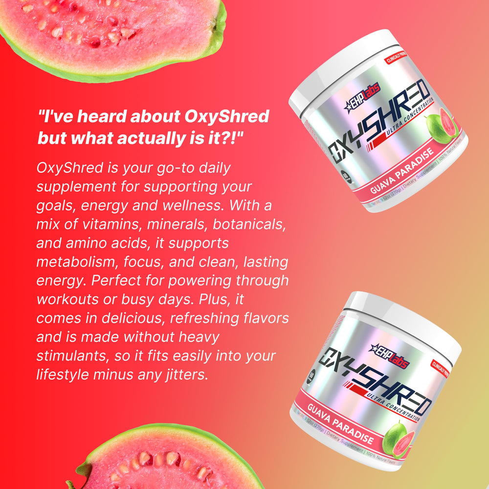 OxyShred Guava Paradise glass presents a refreshing energy drink for activity.