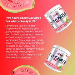 OxyShred Guava Paradise glass presents a refreshing energy drink for activity.