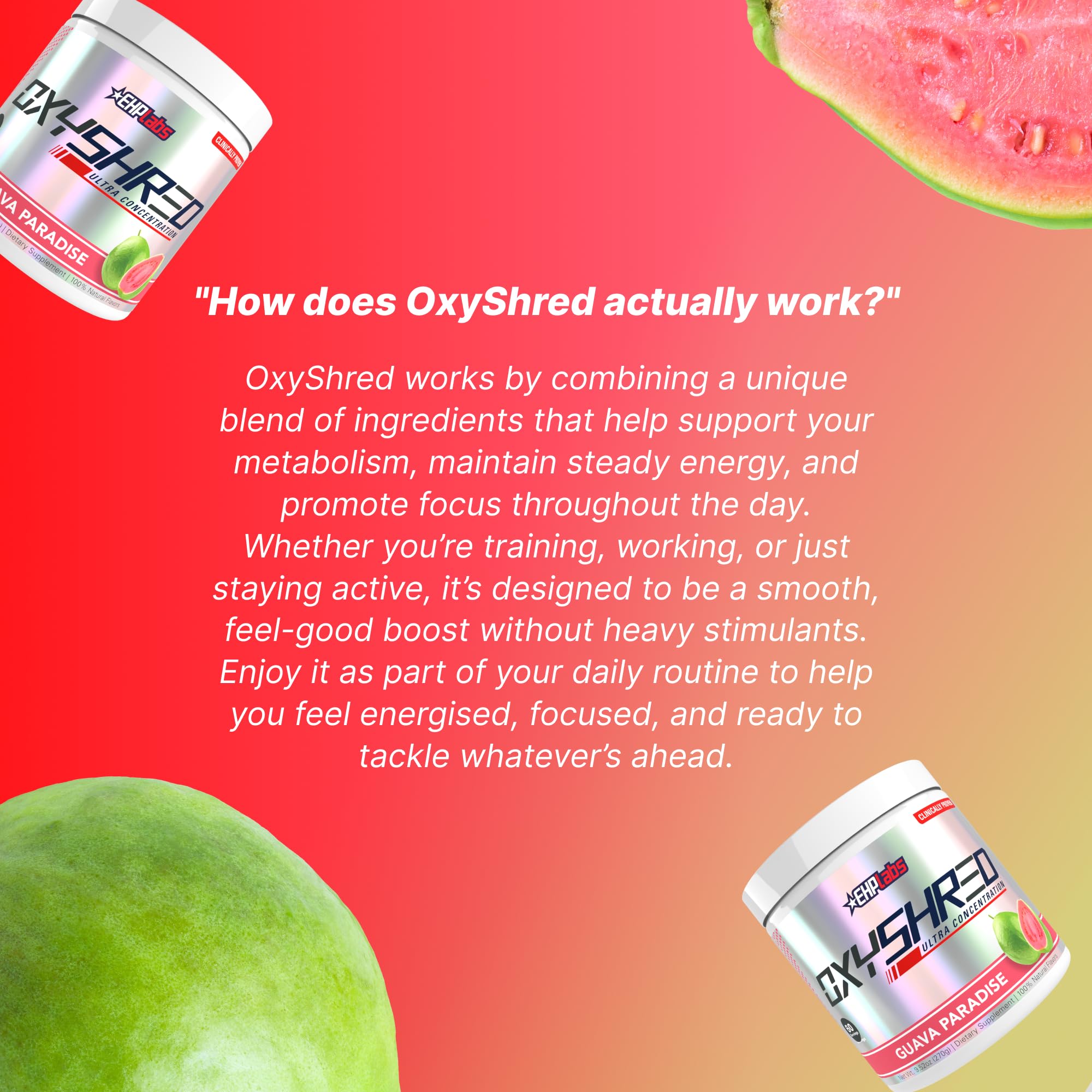 OxyShred Guava Paradise jar highlights premium formulation for workouts.