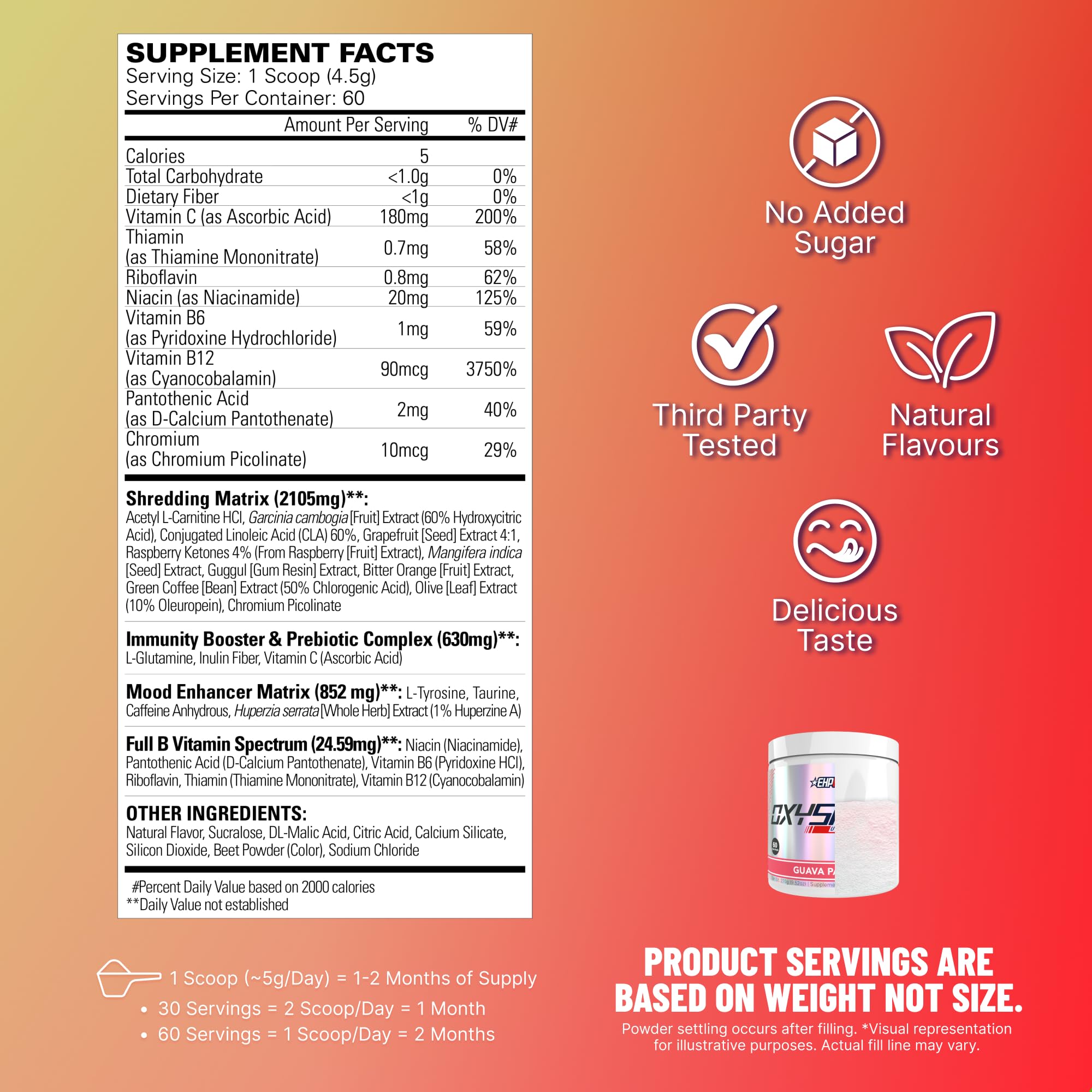 OxyShred Guava Paradise label closeup highlights caffeine‑lean energy and L‑glutamine.