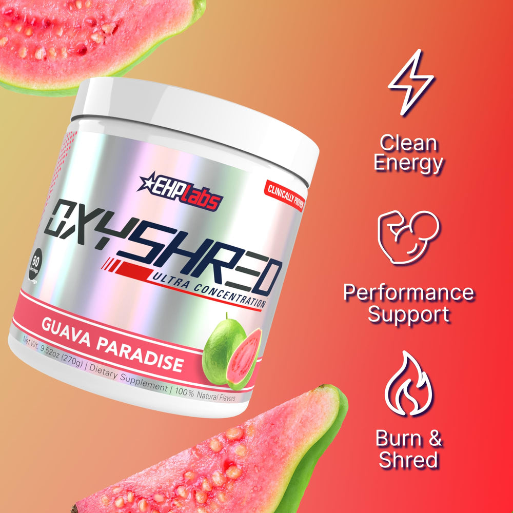 OxyShred Guava Paradise scoop shows a convenient serving for training sessions.