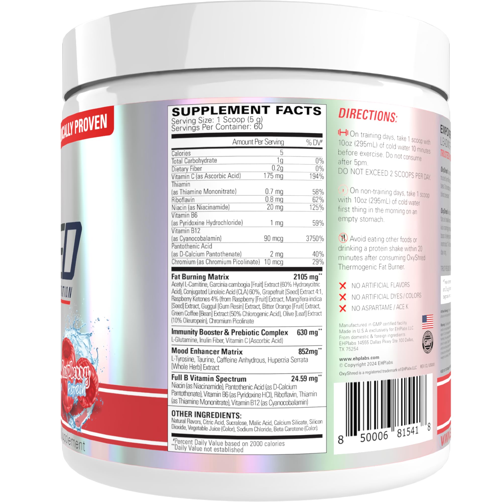 EHP Labs OxyShred lab-tested quality stamp and USA GMP facility reference.