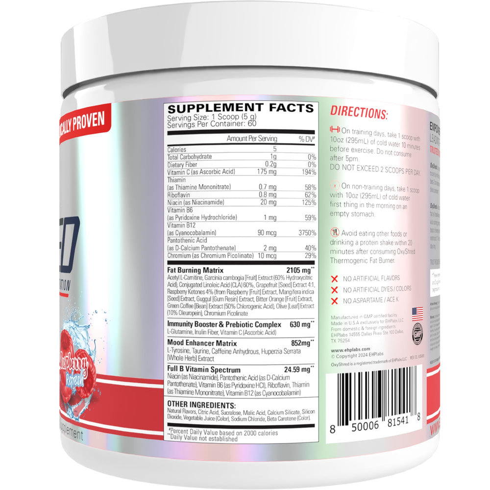 EHP Labs OxyShred lab-tested quality stamp and USA GMP facility reference.