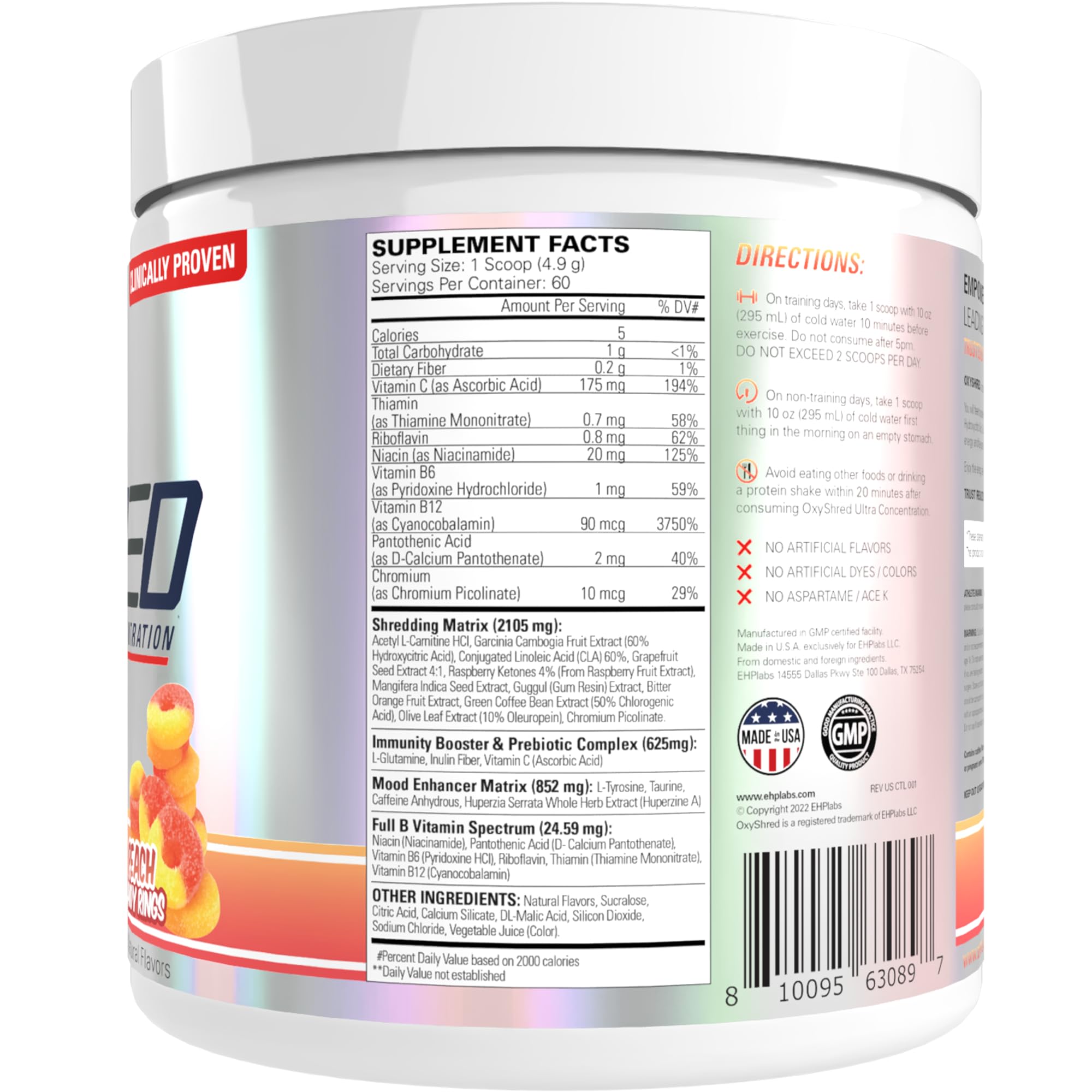 Packaging hero display of EHP Labs OxyShred for gym setup.