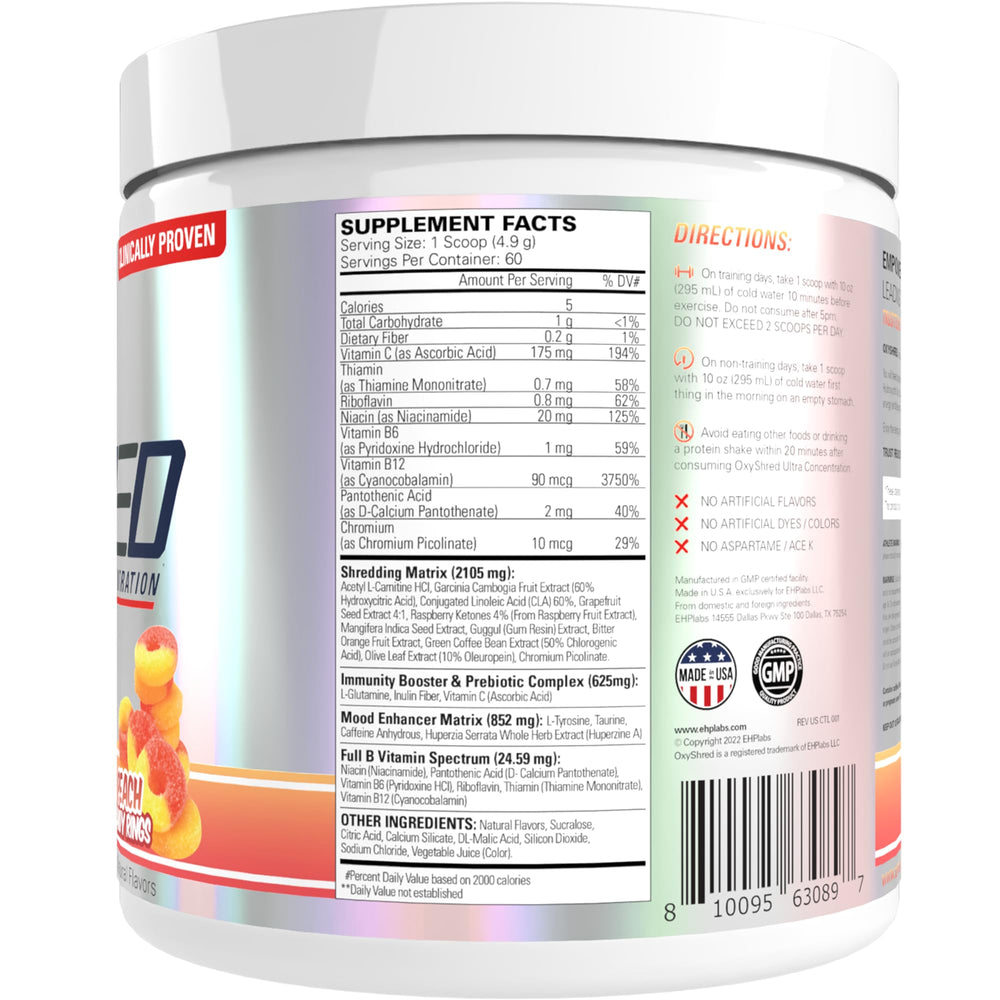 Packaging hero display of EHP Labs OxyShred for gym setup.