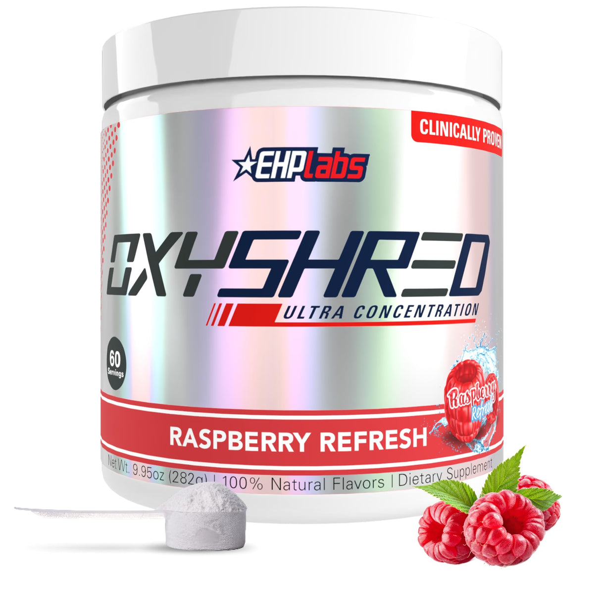 EHP Labs OxyShred preworkout tub front view for quick energy boost.