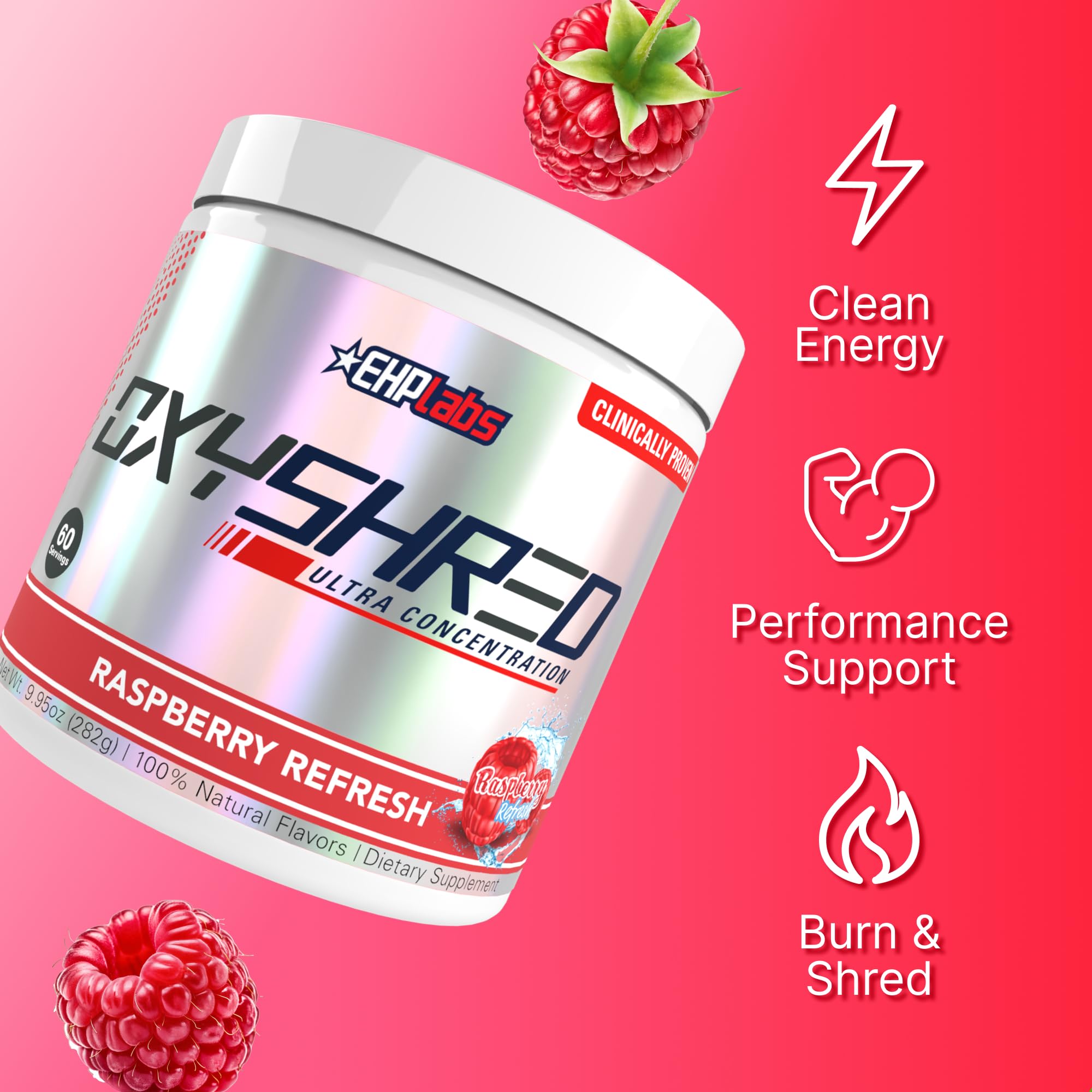 EHP Labs OxyShred raspberry refresh flavor close-up on label.