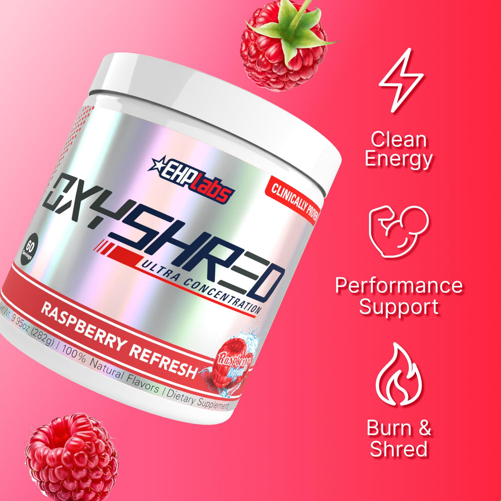 EHP Labs OxyShred raspberry refresh flavor close-up on label.