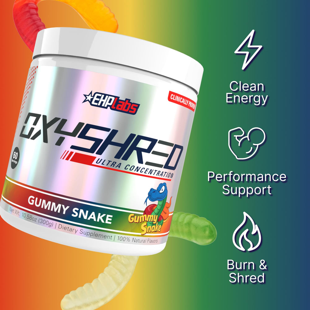 EHP Labs OxyShred gummy snake mixed in a glass with bubbles for refreshing feel.