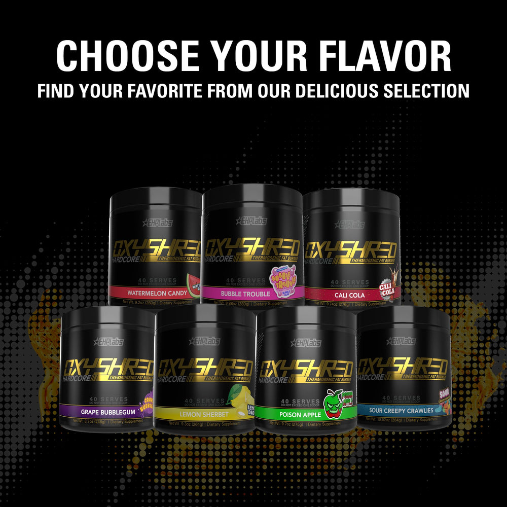 EHP Labs OxyShred Hardcore Cali Cola flavor bottle on gym counter