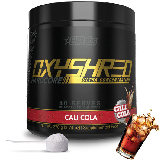 EHP Labs OxyShred Hardcore canister front view highlighting premium pre-workout energy