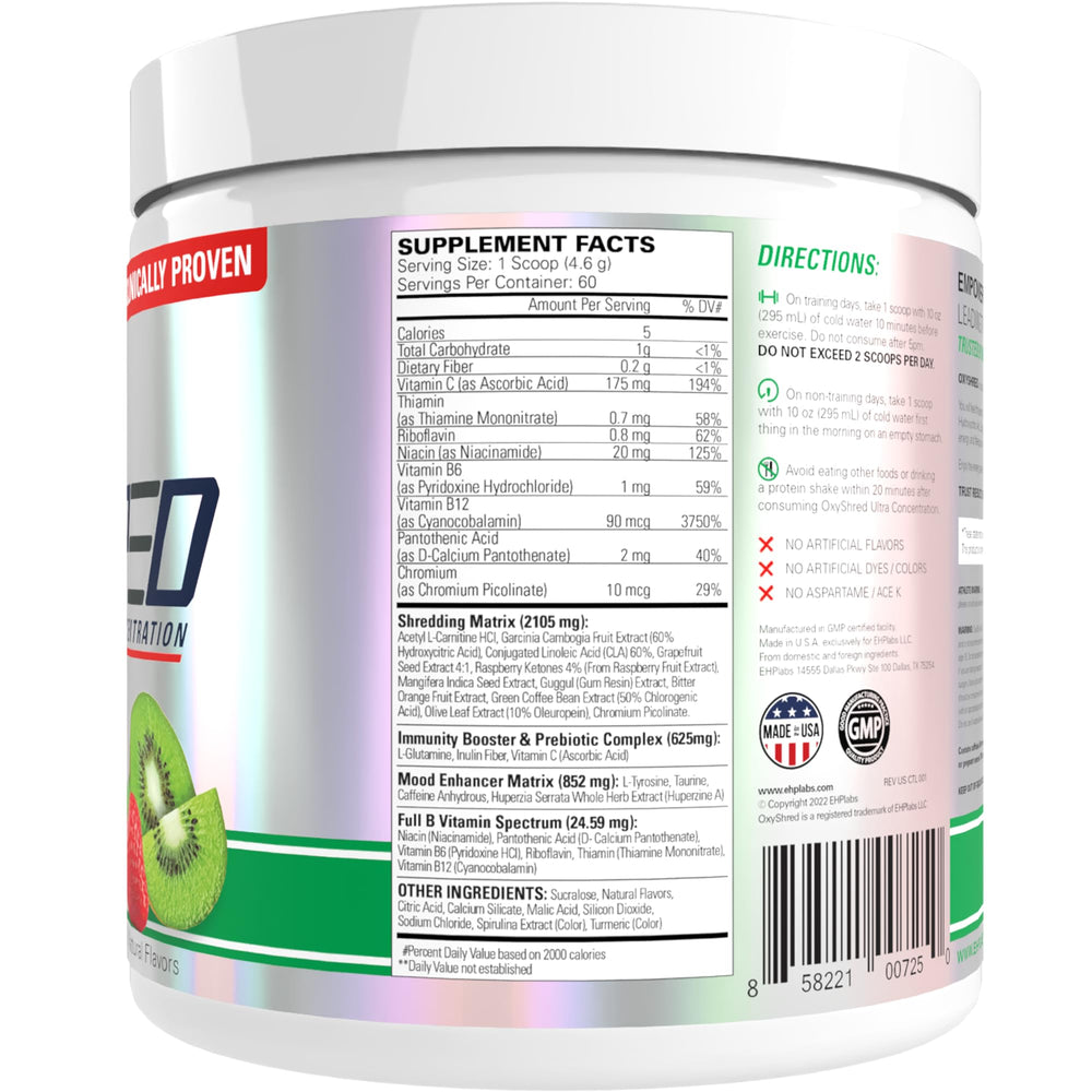 Ingredient icons on EHP Labs OxyShred Kiwi Strawberry packaging highlighting key compounds