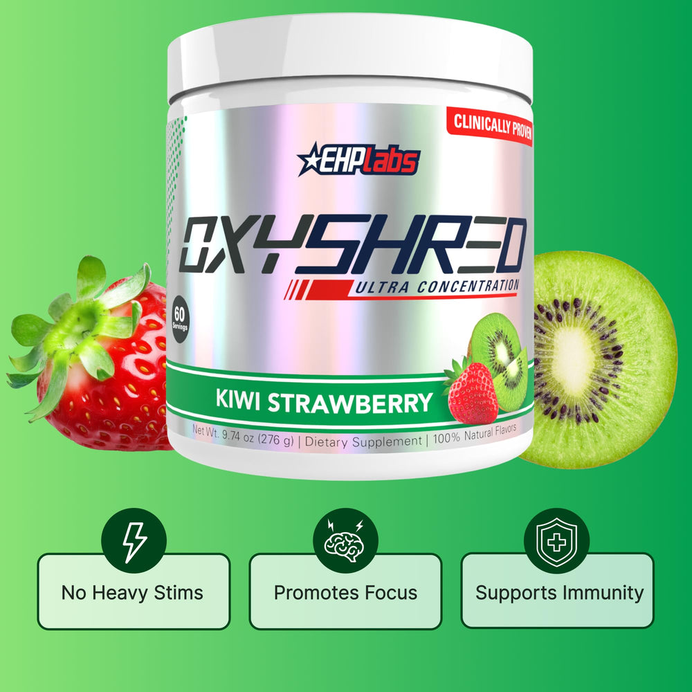 Close-up of EHP Labs OxyShred Kiwi Strawberry label emphasizing ingredients and quality