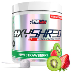 EHP Labs OxyShred Kiwi Strawberry tub front showing flavor and label, hinting at energy and performance benefits
