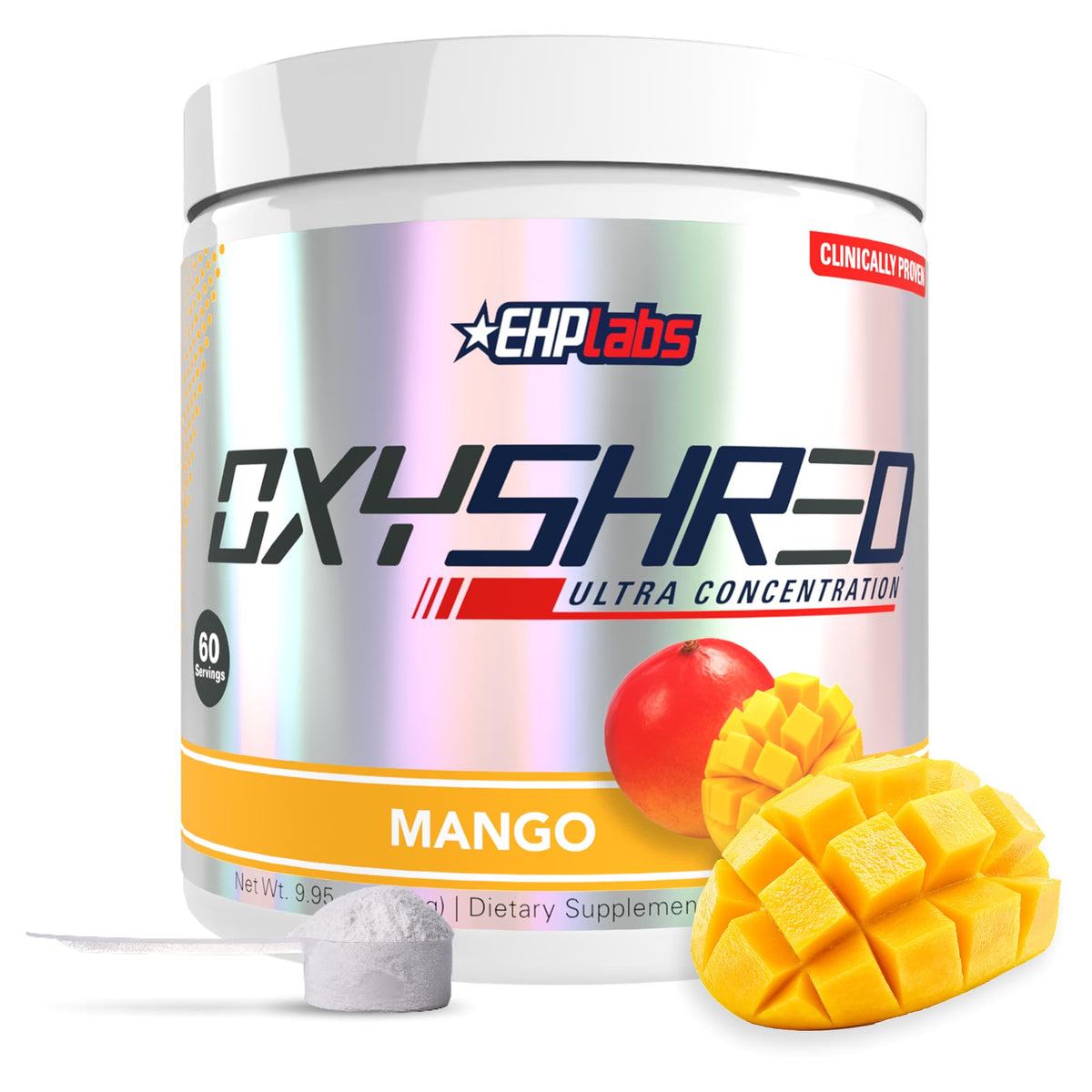 EHP Labs OxyShred mango tub showing packaging for workout energy boost