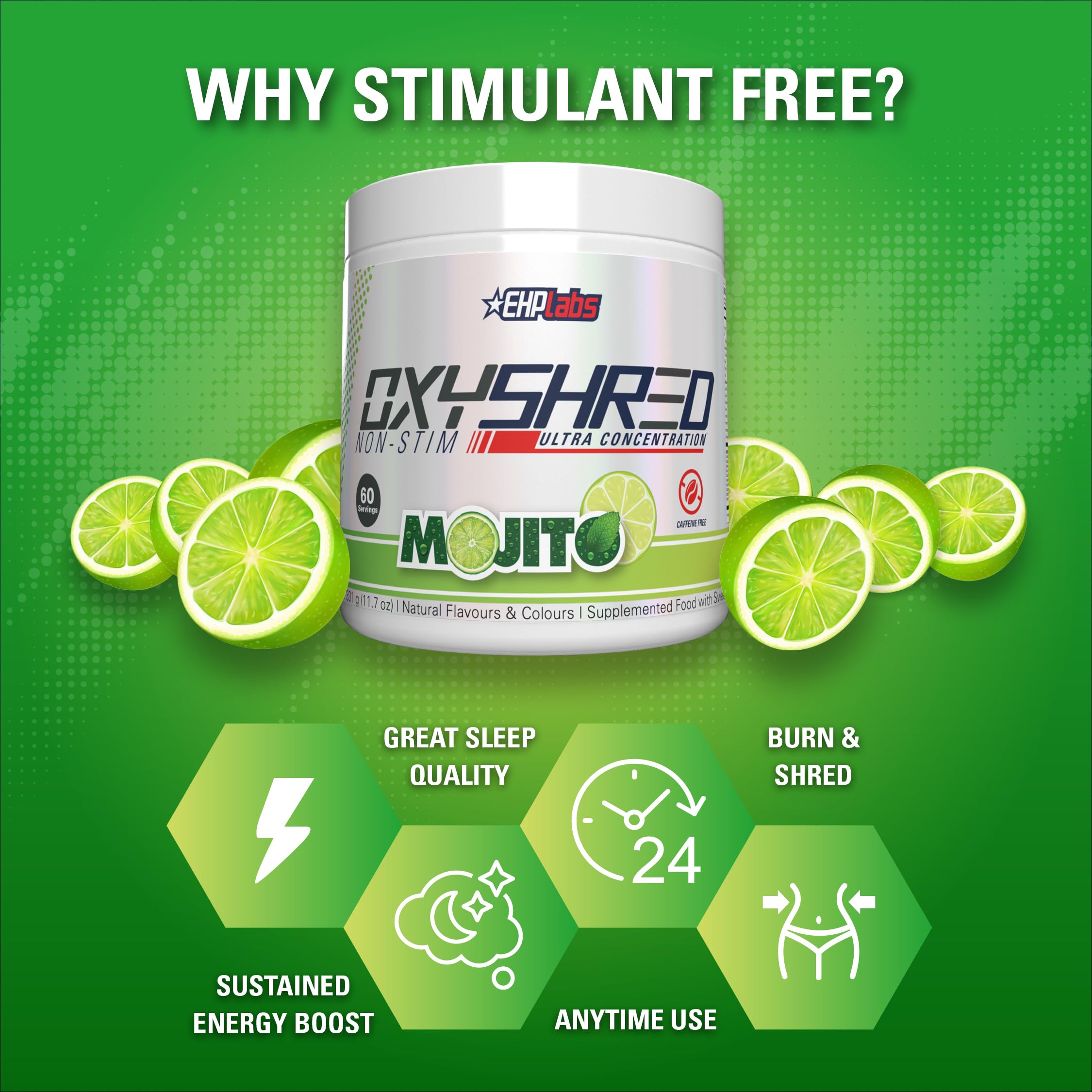 OxyShred Mojito powder dissolves clearly in water for smooth energy.