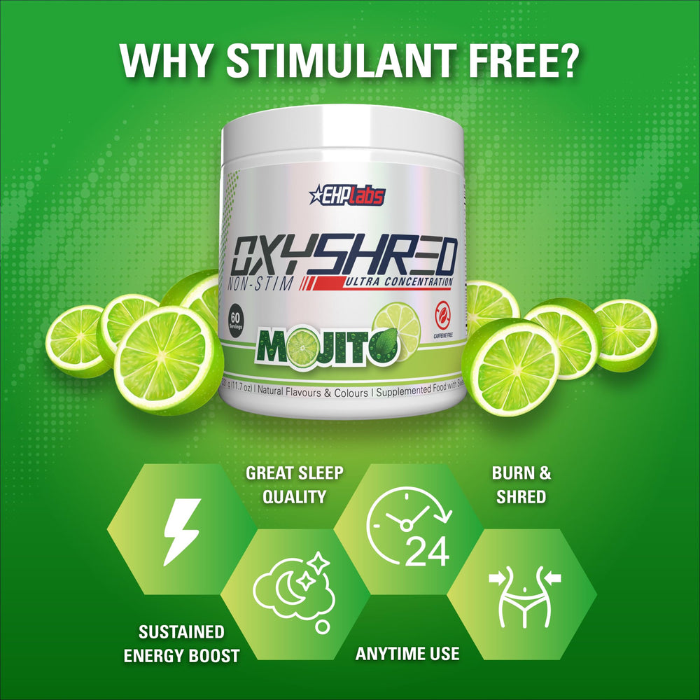 OxyShred Mojito powder dissolves clearly in water for smooth energy.
